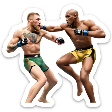 An MMA showdown between Conor McGregor and Anderson Silva in the octagon. McGregor is executing a powerful jumping strike, while Silva is expertly blocking the attack with his forearm. The background features the UFC octagon, fans in the distance, and dynamic action. Transparent background sticker