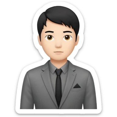 asian young man with black hair middle part haircut in grey blazer and black t-shirt  sticker