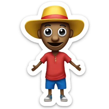 A wooden puppet with a long nose, wearing a red shirt, blue shorts, and a yellow hat, with a cheerful expression. sticker