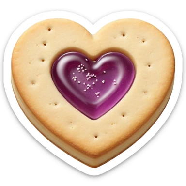 Realistic shortbread cookie in the shape of a heart with mauve jelly middle filling and sprinkled powder sugar on top. sticker