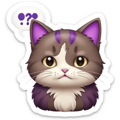 a dark-brown fluffy cute kawaii anime cat thinking frowning thoughtfully, saying “hmm” with a purple speech bubble sticker