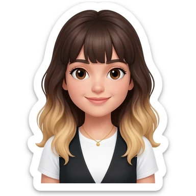 An adult girl with an oval-shaped face and feminine features, long dark brown wavy hair fading to blonde at the ends with light bangs. Thick dark eyebrows, large expressive eyes, and a warm smile. She is wearing a white T-shirt with a black vest and a delicate golden necklace. sticker