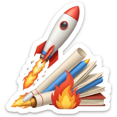 Rocket launching from stack of papers, fire trail, minimal flat design, youtube and instagram sticker