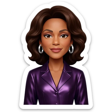 Whitney Houston with dark brown hair, dark purple metallic jumpsuit, silver earrings sticker