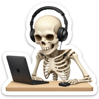 Skeleton with black headphones on raging a video game with his head on his desk sticker