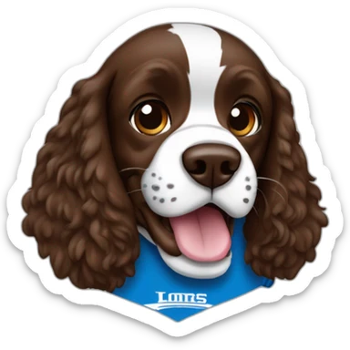 brown springer spaniel wearing detroit lions football helmet and holding football sticker