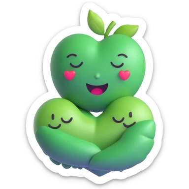 green face emoticon with closed eyes hugging a green heart, expressing care and support sticker