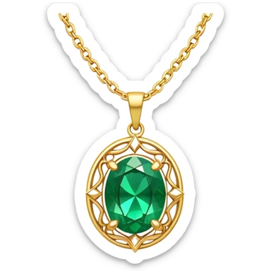 An emerald green necklace with a shiny pendant sticker