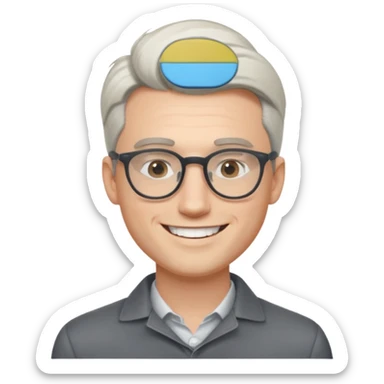 30 yr old pale white man, white/grey side swept stylish hair, round glasses, big smile, white teeth, handsome, longer hair, thin glasses,  smooth forehead, open collar, trendy sticker
