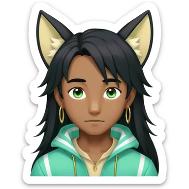 Black anime man with straight long black hair with light-green stripes in it, long black fox ears, hazel-gradient-brown-turquoise eyes, gold earring, sticker