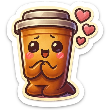 Tall coffee cup, bowing on knees, gushing with love, worship sticker