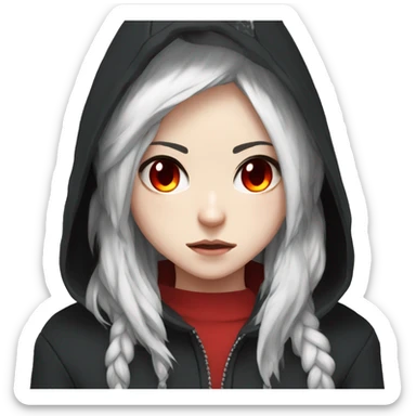 angry white-haired gamer girl with red eyes in a black hoodie, anime style sticker