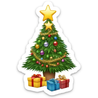 A decorated Christmas tree with ornaments, tinsel, and a star on top sticker