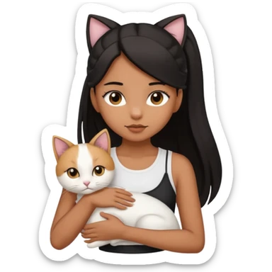 An brown skin Teenager girl with brown eyes, long black hair in a high ponytail, with a white crop top holding her white cat which has folded ears  sticker