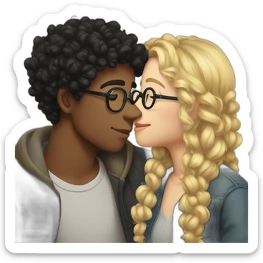 Boy curly blonde hair glasses kissing girl black hair sticker