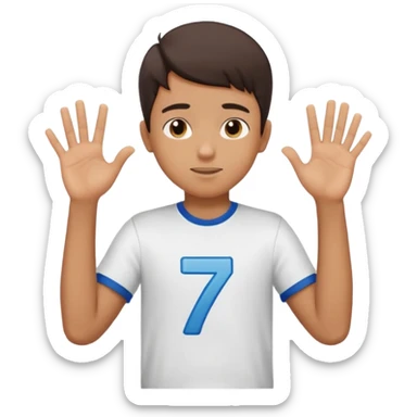Boy doing 67 with hands in the air up to his chest and he is holding 6 in one hand and seven in the other sticker