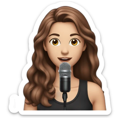 Caucasian woman with long brown hair and pink highlights, with a microphone singing, wearing a black t-shirt sticker