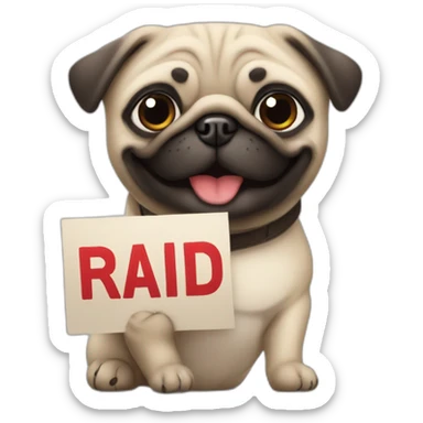 smiling pug holding a sign that reads the word "raid" in red font sticker