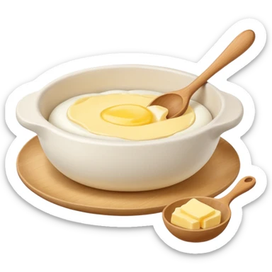 a dozen eggs, a ceramic mixing bowl with a wooden spoon and a plate of butter sticker