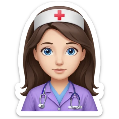 pretty brunette nurse with long hair and blue eyes in lilac scrubs sticker