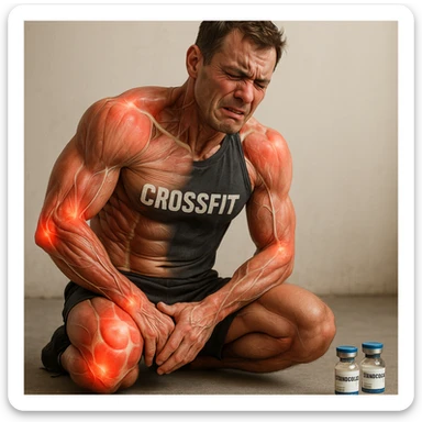 realistic and anatomical crossfit athlete with joint problems all over the body, detailed muscles and joints, painful expression, vials of 'Stanozololo' nearby, natural light, neutral background sticker