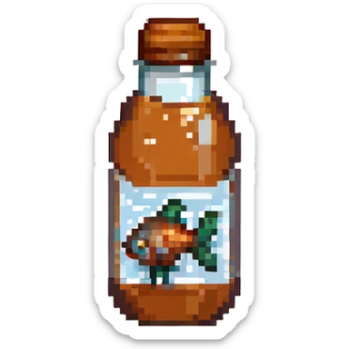 pixel art fish sauce bottle, small size, clear bottle, brown liquid, retro video game vibe sticker