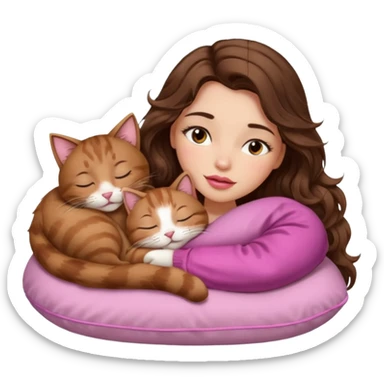 girl with long wavy brown hair, brown eyes, long lashes makeup, sexy pink lips, light to medium complexion,  sleeping on a cozy pillow, with 6 cats, sleeping sticker