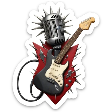 Create a powerful and dynamic humanless emoji representing rock vocals. The design should feature a classic vintage microphone with a rugged, distressed look, surrounded by elements like a guitar pick, electric guitar neck, and sound waves to reflect the raw energy of rock music. Add subtle details such as a spiked bracelet, leather textures, or bold lightning bolts to evoke the rebellious and intense spirit of rock. Use dark, edgy colors like black, red, silver, and metallic accents to emphasize the fierce, loud, and passionate nature of rock vocals. The background should be transparent. sticker