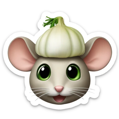 mouse with half onion as a little hat, the onion has still some green sticker