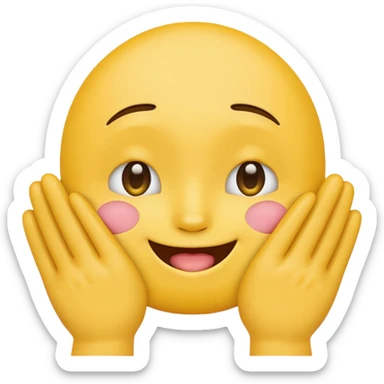 yellow emoji head with blushing cheeks hands mostly covering face tiny smiling mouth visible sticker