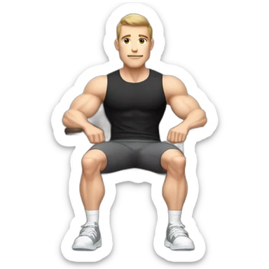 Pale skinned Fit Man With the biceps and dark brown hair in black shirt, gray sports shorts and white Sneakers Sitting on a chair sticker