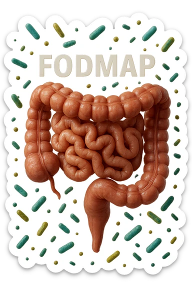 intestino umano anatomico con parole FODMAP CHE GLI FLUTTUANO INTORNO INSIEME A BATTERI INTESTINALI, iperrealistica 4k sticker