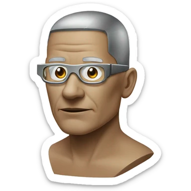 Older Male cyborg head with metallic plated face, brown flat top haircut, glasses and circuitry sticker