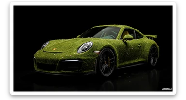 Closeup shot of a porsche 911, body of car made of grass and flowers, black solid studio background, very dark room, top low key light, dutch angle, captured by ARRI 65 sticker