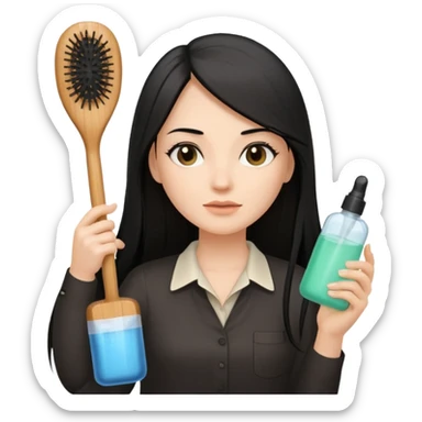 A white woman with long, straight black hair, wearing an ivory-colored shirt, holding a small square wooden paddle hairbrush in her left hand and spraying a hair mist bottle with her right hand toward her hair. sticker