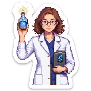 Flat pixel art, a female chemist, wearing glasses, white lab coat over indigo shirt, focusing on lab experiment, holding a flash in her right hand, waist-up, front-facing sticker