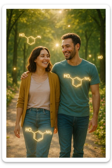 a smiling man and woman walk together along a sunlit park path, surrounded by green trees and blooming flowers. Sunbeams gently illuminate their faces, and subtle, glowing dopamine symbols float around them, symbolizing natural, healthy pleasure. The mood is uplifting and serene. sticker
