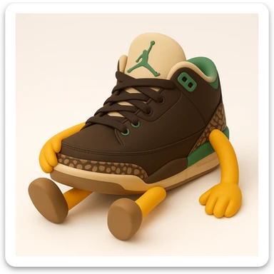Create a sneaker character in a sitting pose with arms and legs, inspired by the reference image, in a 3D emoji style. The style should resemble Microsoft style 3D fluent emojis with a relaxed and casual pose. sticker