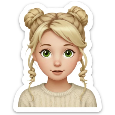 dirty blonde hazel  green eyes woman with a white cable knit sweater and one messy bun with tendrils of hair flowing down her face and she is happy pale, some freckles, blush. she has a cateye wing and long lashes sticker