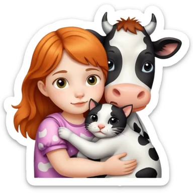 Little girl hugging cow cat sticker