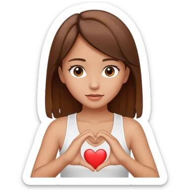tan brown haired brown eyed girl making a heart with her hands wearing a white tank top sticker