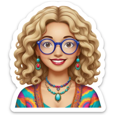 a portrait of janis joplin, with wavy hair, round glasses, and a warm smile. she wears bohemian jewelry and colorful clothing, capturing her iconic 60s vibe against a vibrant background. sticker