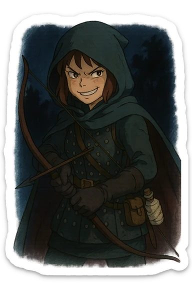 A female rouge , colored hood, wearing brigandine armor with, bow and arrow at the ready, night time shadows, tool belt with red potion and bandages, mischievous grin, anger sticker