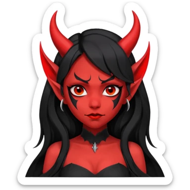 demon girl, skin red , black long hair, small horns, pointed ears, bat wing, black open-back dress, bold black outlines, red+black palette sticker
