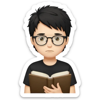 generate a pretty bratz fair skinned boy with black messy hair wearing a black tshirt looking bored n tired. Glasses on. holding books sticker