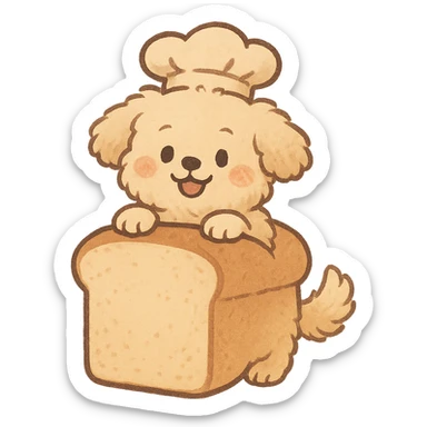 cute fluffy bread maker dog, peeking from bread loaf, cheerful, warm beige, full-body sticker