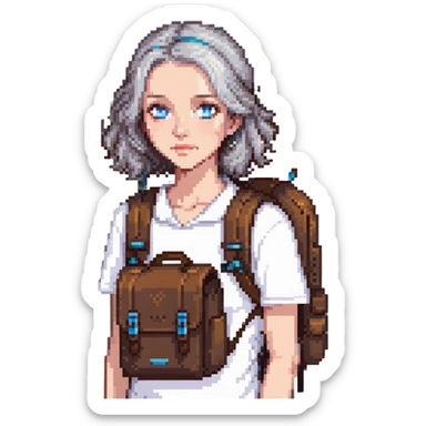 white woman park ranger with blue eyes, brown and gray hair, wearing a backpack sticker
