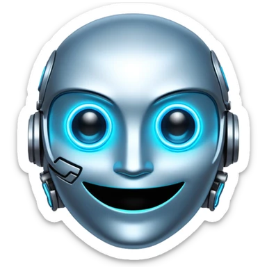 A cyberpunk emoji with a glowing neon blue smile, pixelated cybernetic eyes, and a sleek metallic surface, futuristic and high-tech style. sticker
