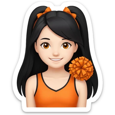 - Nữ
- 15 tuổi
- Da trắng
- Tóc dài, đen
- thân thiện ,xinh, cười mỉm
- Mặc áo cổ vũ cam
- ảnh chân dung, không cần tay sticker