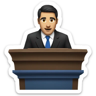 A man with dark hair and blue suit with black tie preaching behind pulpit sticker